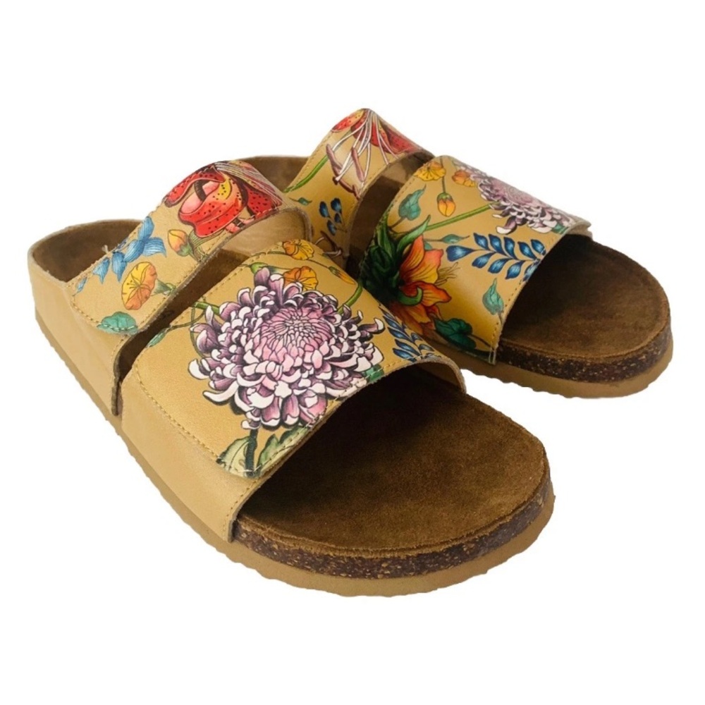 NWT Anuschka Leather Floral Double-Strap Slide Sandals Women Sz 8 Tan Multicolor